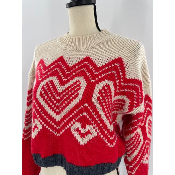Free People Red White Heart Sweater Crop XS Oversized S M I heart you Fair Isle - Picture 1 of 9